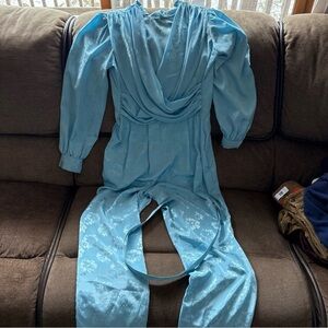 VTG ORITE  Satin Sty BLUE FLORAL  Jumpsuit 70’/80’s Women Sz 9/10 Made In Canada